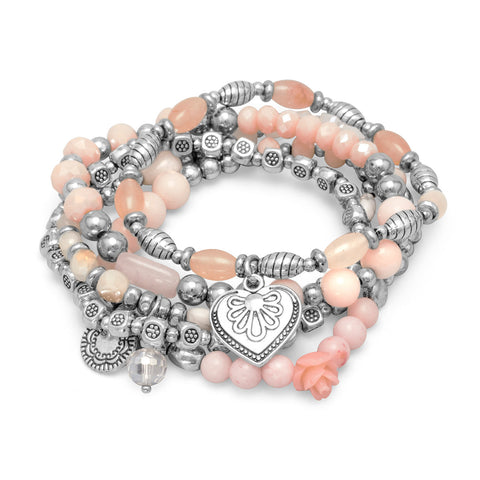 Set of 5 Silver Tone Multicharm Fashion Stretch Bracelets with Pink Beads