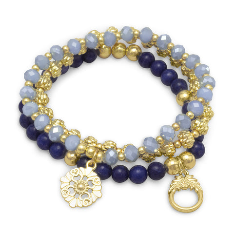 Set of 3 Gold Tone Flower Charm Fashion Stretch Bracelets with Blue Agate