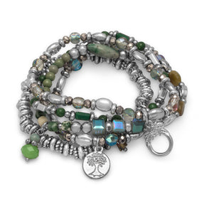 Set of 5 Silver Tone Green Bead Multicharm Fashion Stretch Bracelets
