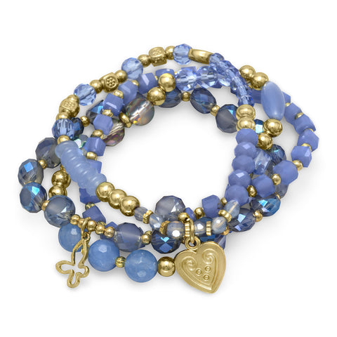 Set of 4 Gold Tone Multicharm Fashion Stretch Bracelets with Blue Stones