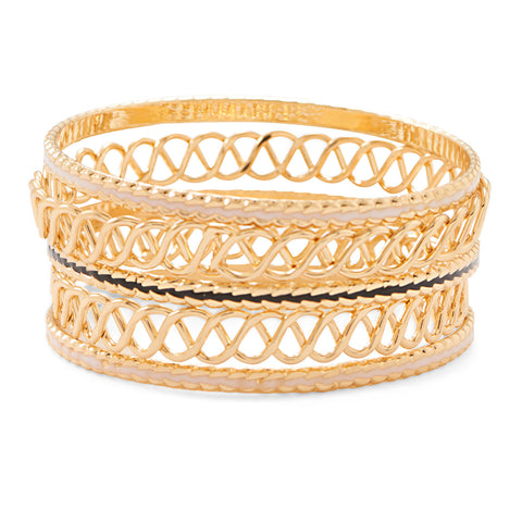 Set of 5 Gold Tone Fashion Bangle Bracelets with Tan and Black Enamel