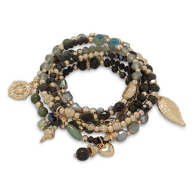 Set of 6 Gold Tone Fashion Stretch Charm Bracelets with Green Stones