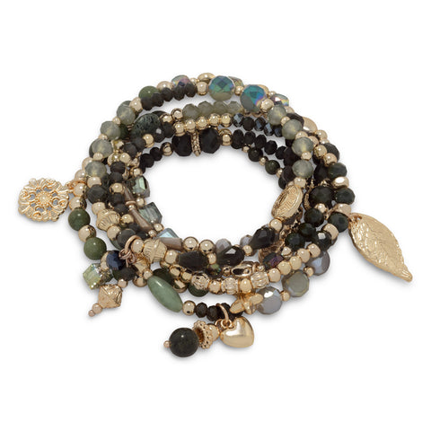 Set of 6 Gold Tone Fashion Stretch Charm Bracelets with Green Stones