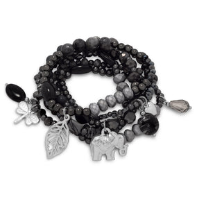 Set of 6 Gun Metal Tone Fashion Stretch Bracelets with Silver Tone Charms