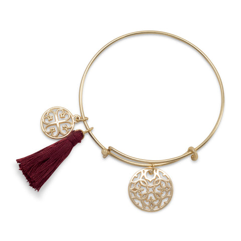 Gold Tone Expandable Burgundy Tassel Charm Fashion Bangle Bracelet