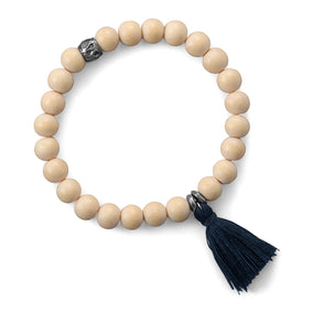 Light Wood Bead with Dark Blue Tassel Fashion Bracelet