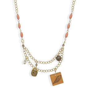 Gold Tone with Coral Bead Fashion Charm Necklace