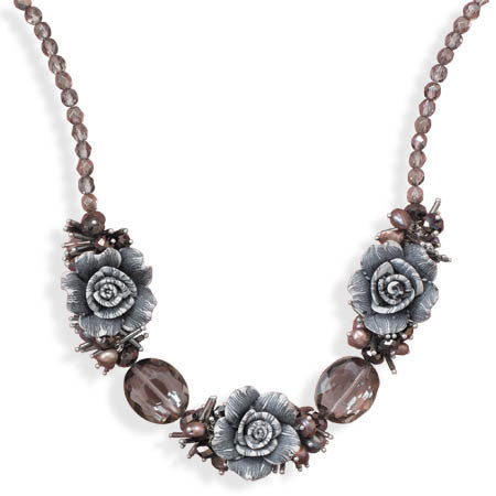 16" + 2" Glass and Clay Flower Fashion Necklace