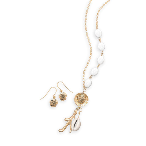 Gold Tone Shell Charm Necklace and Earring Set