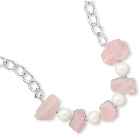 17" + 1" Rose Quartz and Simulated Pearl Fashion Necklace