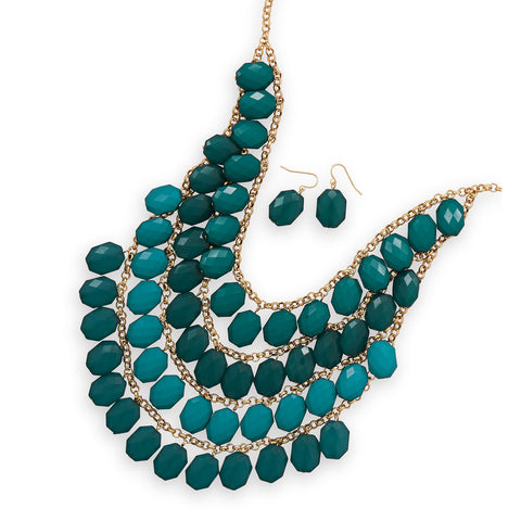 Four Tier Gold Tone Emerald Green Bead Fashion Set