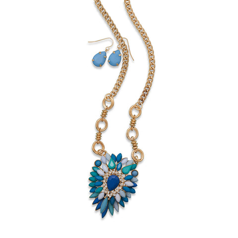 Blue Star Burst Long Fashion Necklace and Earring Set