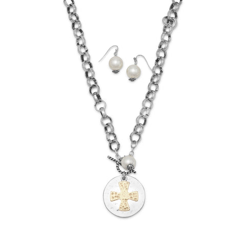 Two Tone Fashion Necklace and Earring Set with Cross Medallion