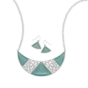 Ornate Aqua Crescent Shape Fashion Necklace and Earring Set