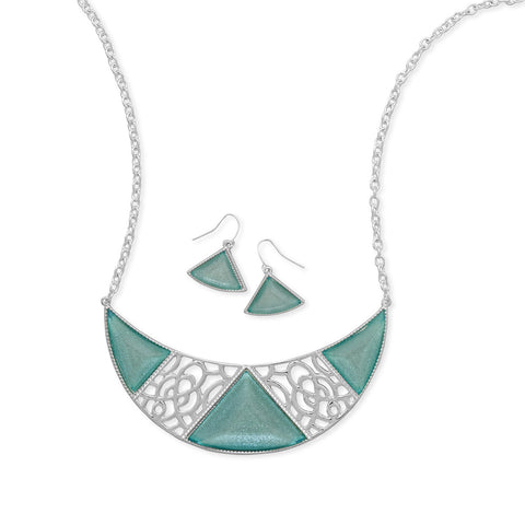 Ornate Aqua Crescent Shape Fashion Necklace and Earring Set