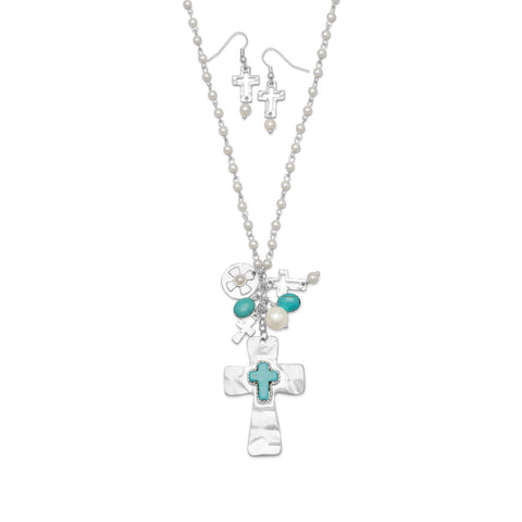 Cross Fashion Necklace and Earring Set with Magnesite