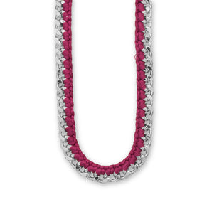 20" + 3" Silver Tone Fashion Necklace with Fuchsia Cord