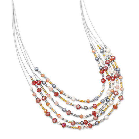 Graduated Multistrand Red and Peach Glass Bead Fashion Necklace