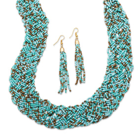 Woven Blue Glass Seed Bead Fashion Necklace and Earring Set