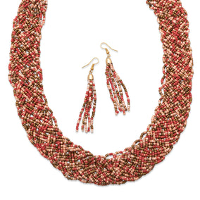 Woven Coral Glass Seed Bead Fashion Necklace and Earring Set