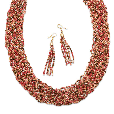 Woven Coral Glass Seed Bead Fashion Necklace and Earring Set
