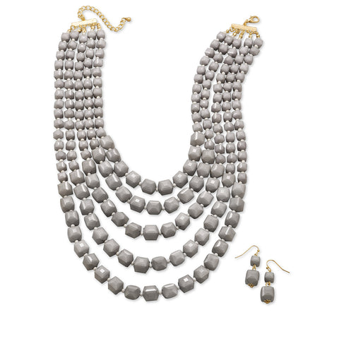 Graduated Multistrand Grey Bead Fashion Necklace and Earring Set