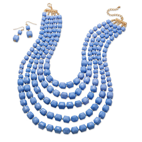 Graduated Multistrand Blue Bead Fashion Necklace and Earring Set