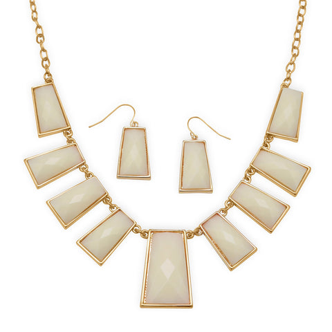 Gold Tone Fashion Necklace and Earring Set with Faceted Ivory Acrylic