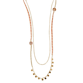 38.5" Double Strand 18K Gold Plated Copper Necklace with Pink Quartz