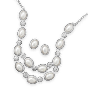 Silver Tone Oval Imitation Pearl Fashion Necklace and Earring Set