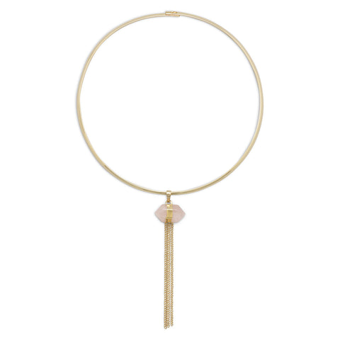 Gold Tone Fashion Collar with Chain Tassel and Rose Quartz