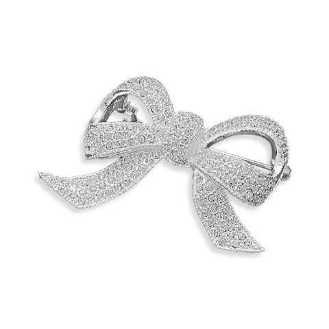 Silver Plated Bow Fashion Pin with Clear Crystals
