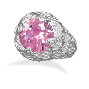 Silver Plated Brass Pink CZ Fashion Ring with Swirl Design Band