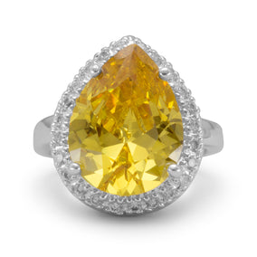 Silver Plated Brass Pear Shape Yellow and Clear CZ Fashion Ring