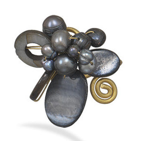Peacock Cultured Freshwater Pearl and Shell Adjustable Brass Ring