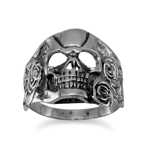 White Brass Skull and Rose Ring