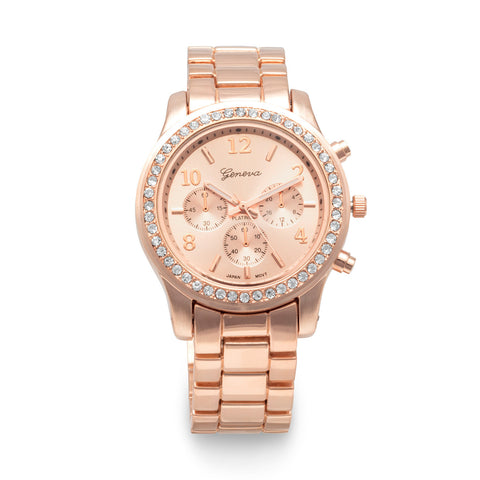 Rose Tone Fashion Watch with Clear Crystals
