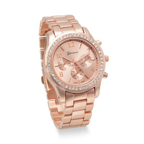 Rose Tone Fashion Watch with Clear Crystals