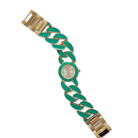 Gold Tone Curb Link Fashion Watch with Teal Epoxy