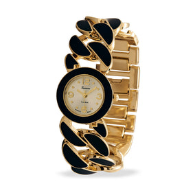 Gold Tone Curb Link Fashion Watch with Black Epoxy