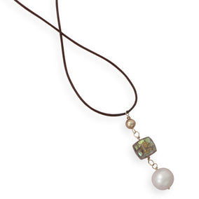 16" 14 Karat Gold and Leather Necklace with Multibead Drop