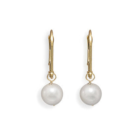 Grade AAA 6.5-7mm Cultured Akoya Pearl Drop Earrings with Yellow Gold Lever Backs