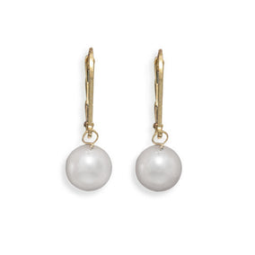 Grade AAA 7.5-8mm Cultured Akoya Pearl Drop Earrings with Yellow Gold Lever Backs
