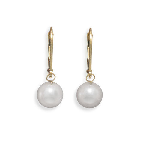 Grade AAA 7.5-8mm Cultured Akoya Pearl Drop Earrings with Yellow Gold Lever Backs