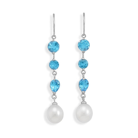 Cultured Freshwater Rice Pearl and Blue Topaz 14K White Gold French Wire Earrings