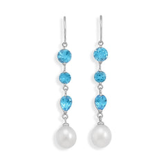 Cultured Freshwater Rice Pearl and Blue Topaz 14K White Gold French Wire Earrings
