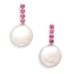 Cultured Freshwater Coin Pearl and Pink Sapphire 14K White Gold Post Earrings
