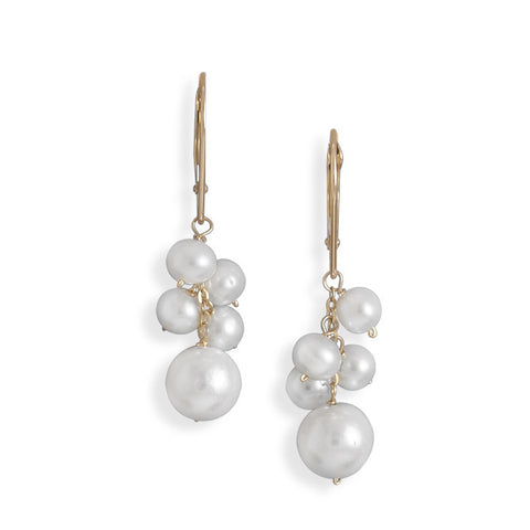 Cultured Freshwater Pearl Cluster Drop 14K Yellow Gold Lever Back Earrings