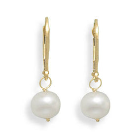 6.5-7mm Freshwater Pearl Drop Earrings with Yellow Gold Lever Back
