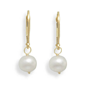 6.5-7mm Freshwater Pearl Drop Earrings with Yellow Gold Lever Back